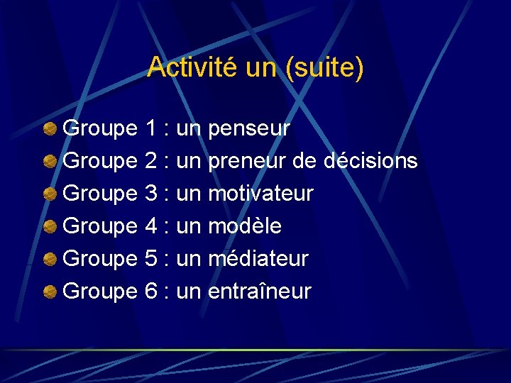 Activité un (suite) Groupe 1 : un penseur Groupe 2 : un preneur de