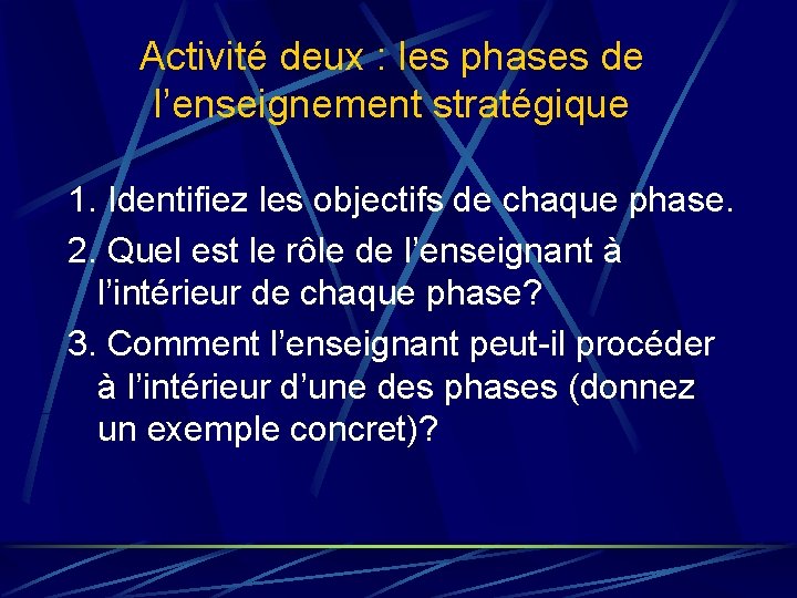 Activité deux : les phases de l’enseignement stratégique 1. Identifiez les objectifs de chaque