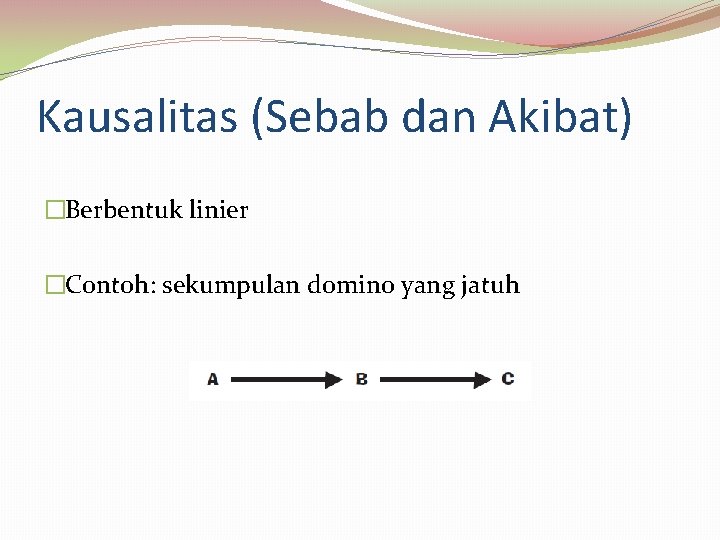 Kausalitas (Sebab dan Akibat) �Berbentuk linier �Contoh: sekumpulan domino yang jatuh 