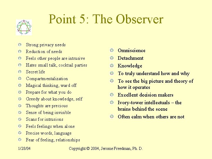 Point 5: The Observer Strong privacy needs Reduction of needs Feels other people are
