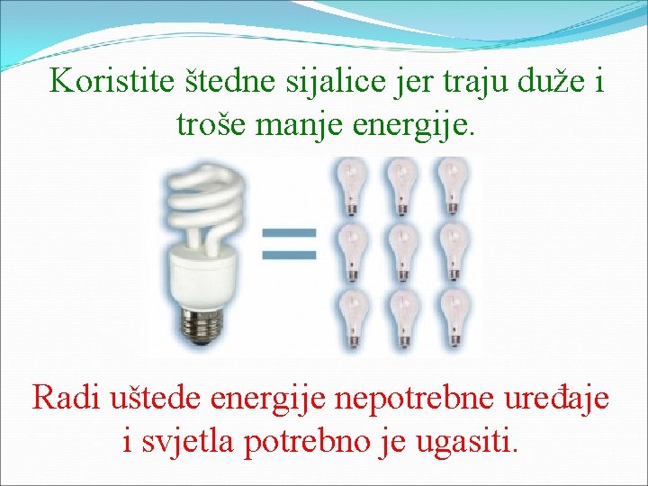 Koristite štedne sijalice jer traju duže i troše manje energije. Radi uštede energije nepotrebne