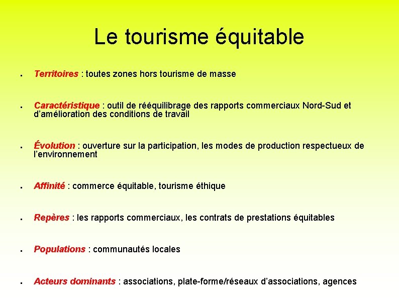 Le tourisme équitable ● ● ● Territoires : toutes zones hors tourisme de masse