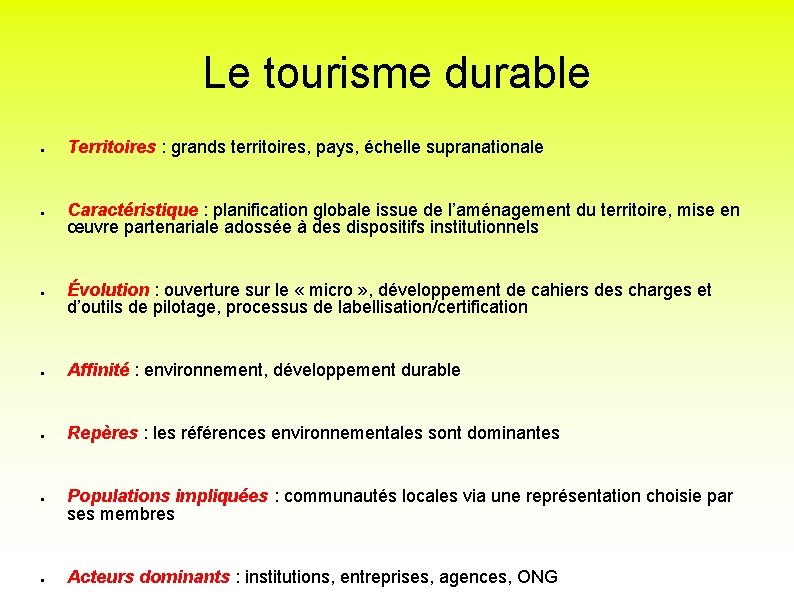 Le tourisme durable ● ● ● Territoires : grands territoires, pays, échelle supranationale Caractéristique