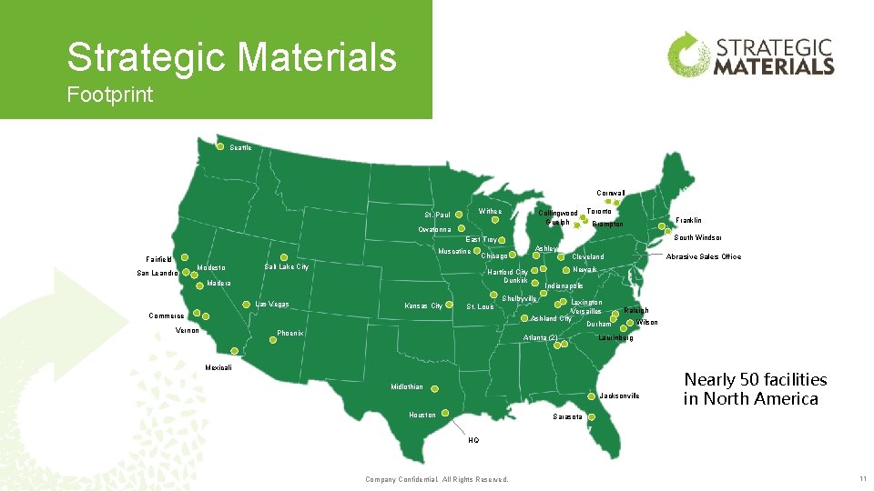 Strategic Materials Footprint Seattle Cornwall Withee St. Paul Collingwood Guelph Owatonna Toronto Franklin Brampton