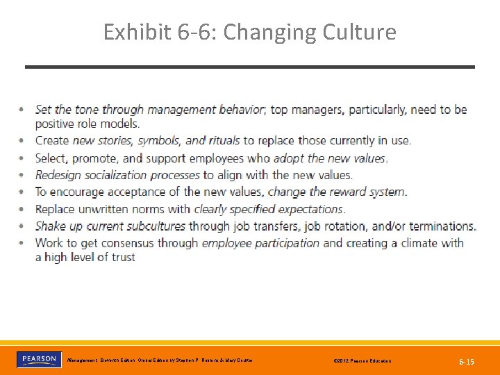 Exhibit 6 -6: Changing Culture Copyright © 2012 Pearson Education, Inc. Publishing as Prentice