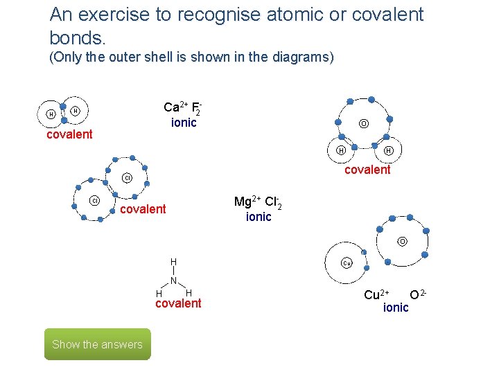 An exercise to recognise atomic or covalent bonds. (Only the outer shell is shown