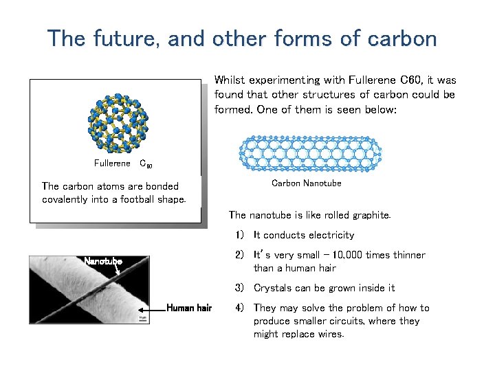 The future, and other forms of carbon Whilst experimenting with Fullerene C 60, it