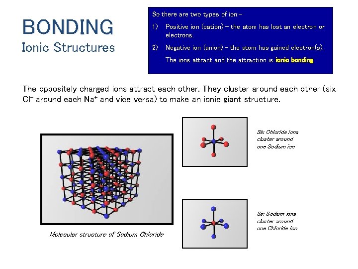 BONDING Ionic Structures So there are two types of ion: - 1) Positive ion