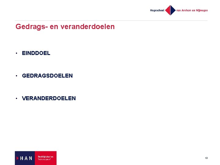 Gedrags- en veranderdoelen • EINDDOEL • GEDRAGSDOELEN • VERANDERDOELEN 13 