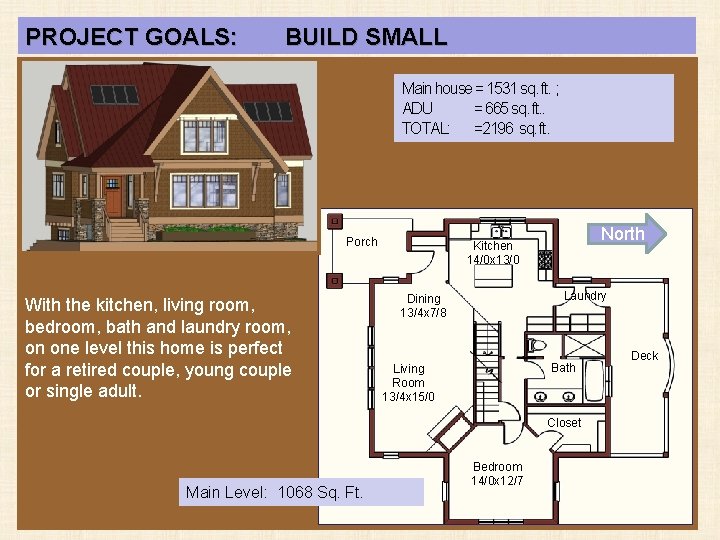 PROJECT GOALS: BUILD SMALL Main house = 1531 sq. ft. ; ADU = 665