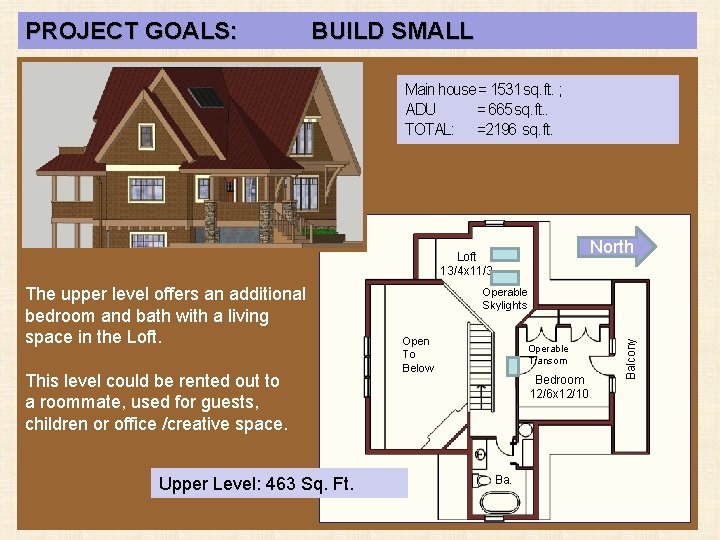 PROJECT GOALS: BUILD SMALL Main house = 1531 sq. ft. ; ADU = 665