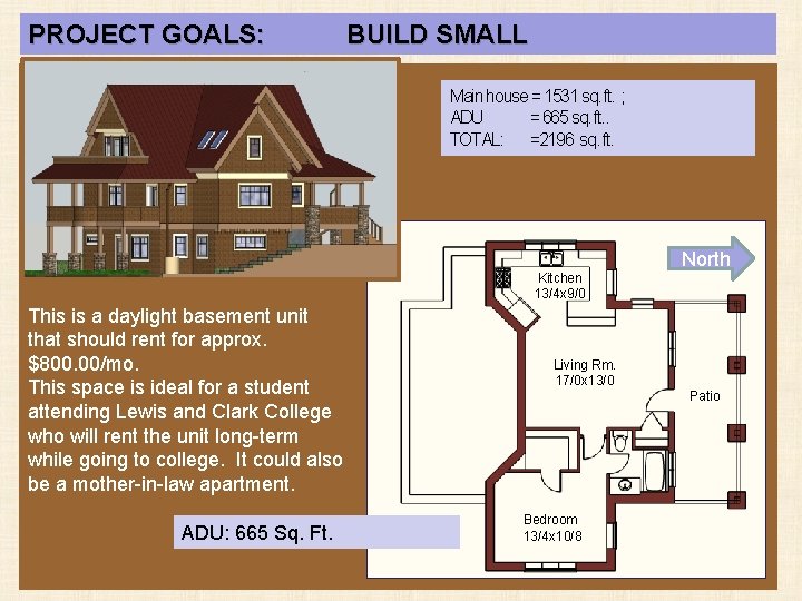 PROJECT GOALS: BUILD SMALL Main house = 1531 sq. ft. ; ADU = 665