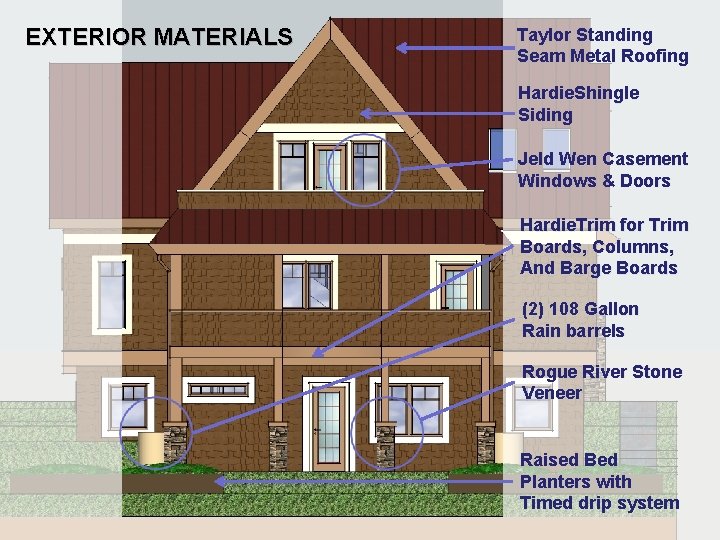EXTERIOR MATERIALS Taylor Standing Seam Metal Roofing Hardie. Shingle Siding Jeld Wen Casement Windows