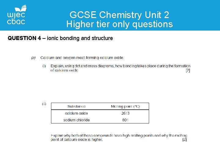 GCSE Chemistry Unit 2 Higher tier only questions QUESTION 4 – ionic bonding and