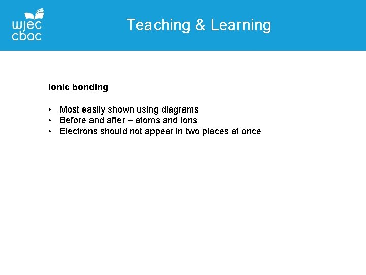 Teaching & Learning Ionic bonding • Most easily shown using diagrams • Before and