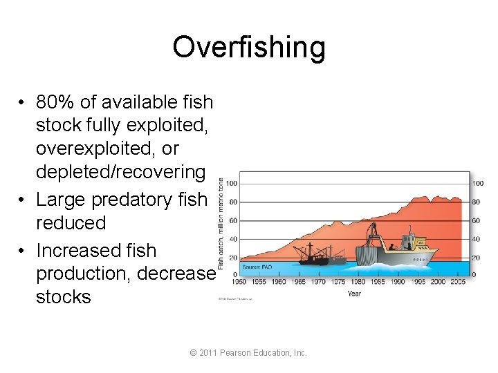Overfishing • 80% of available fish stock fully exploited, overexploited, or depleted/recovering • Large