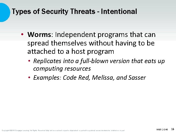 Types of Security Threats - Intentional • Worms: Independent programs that can spread themselves