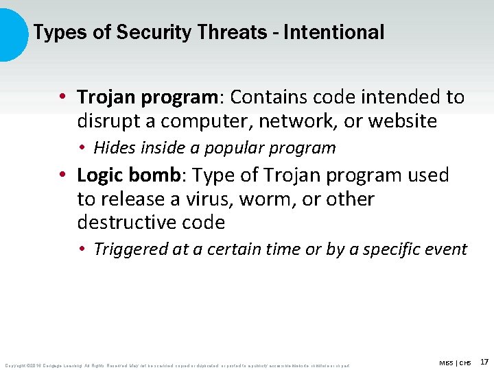 Types of Security Threats - Intentional • Trojan program: Contains code intended to disrupt