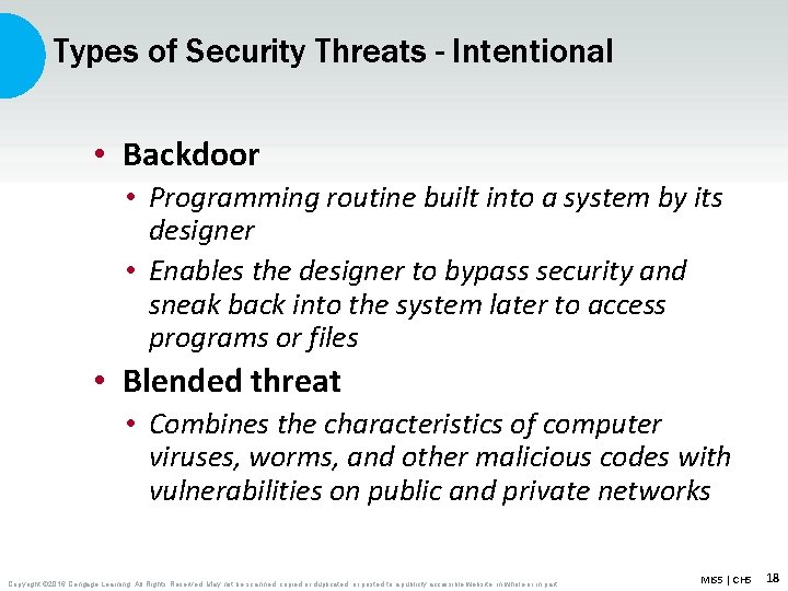 Types of Security Threats - Intentional • Backdoor • Programming routine built into a