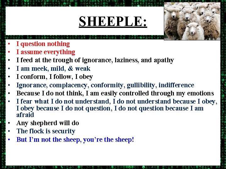 SHEEPLE: • • I question nothing I assume everything I feed at the trough