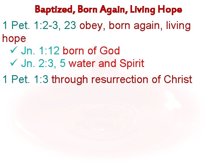 Baptized, Born Again, Living Hope 1 Pet. 1: 2 -3, 23 obey, born again,