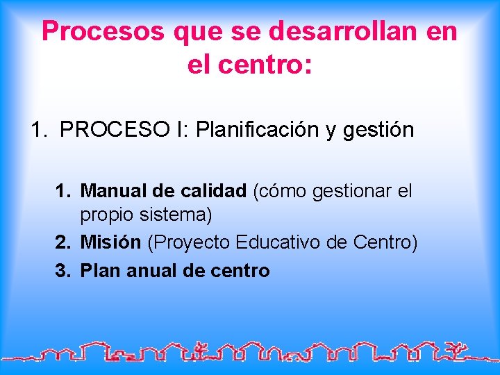 Procesos que se desarrollan en el centro: 1. PROCESO I: Planificación y gestión 1.