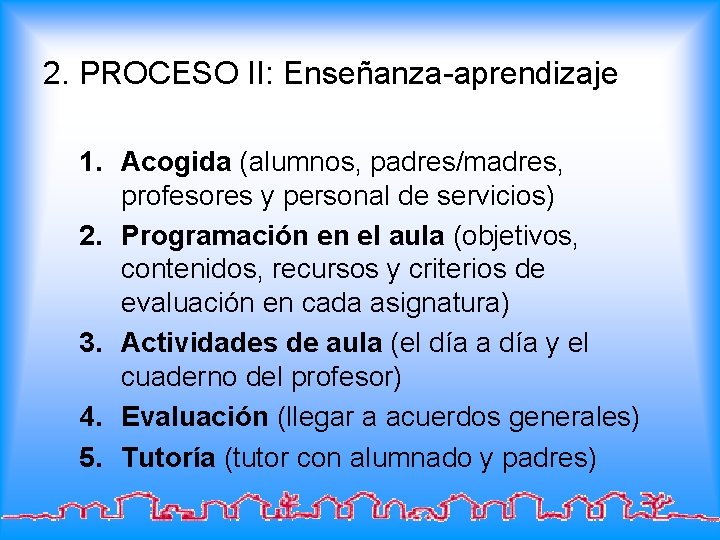 2. PROCESO II: Enseñanza-aprendizaje 1. Acogida (alumnos, padres/madres, profesores y personal de servicios) 2.