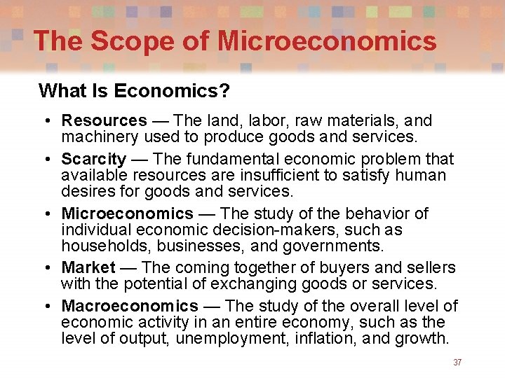 The Scope of Microeconomics What Is Economics? • Resources — The land, labor, raw