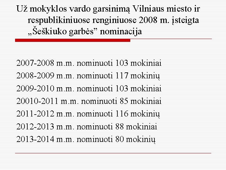 Už mokyklos vardo garsinimą Vilniaus miesto ir respublikiniuose renginiuose 2008 m. įsteigta „Šeškiuko garbės”