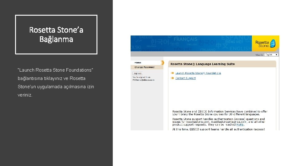 Rosetta Stone’a Bağlanma “Launch Rosetta Stone Foundations” bağlantısına tıklayınız ve Rosetta Stone’un uygulamada açılmasına