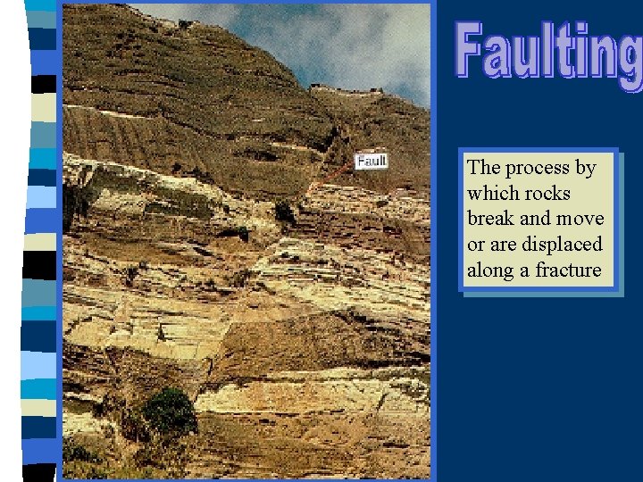 The process by which rocks break and move or are displaced along a fracture