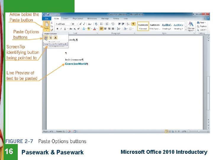 Word Lesson 2 16 Pasewark & Pasewark Microsoft Office 2010 Introductory 