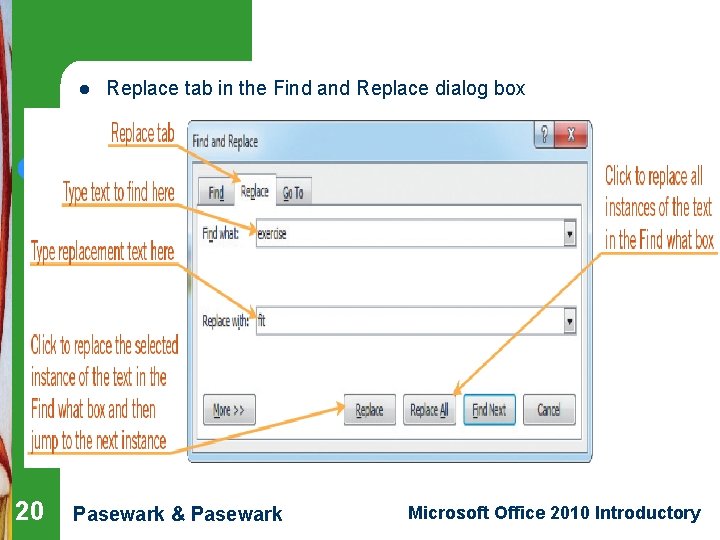 Replace tab in the Find and Replace dialog box Word Lesson 2 l 20
