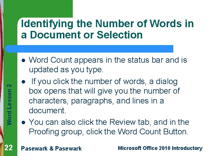 Identifying the Number of Words in a Document or Selection Word Lesson 2 l