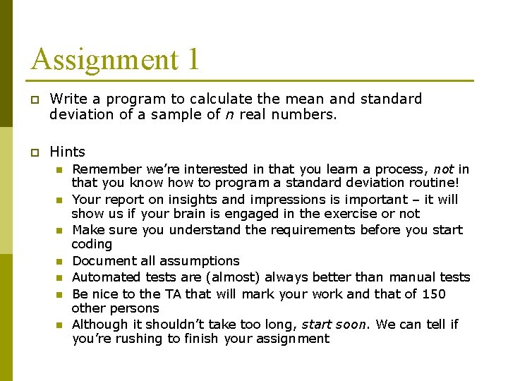 Assignment 1 p Write a program to calculate the mean and standard deviation of