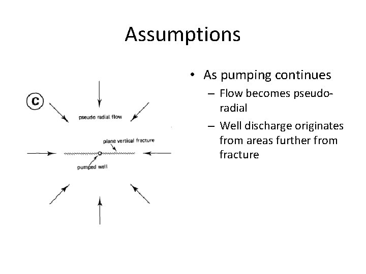 Assumptions • As pumping continues – Flow becomes pseudoradial – Well discharge originates from