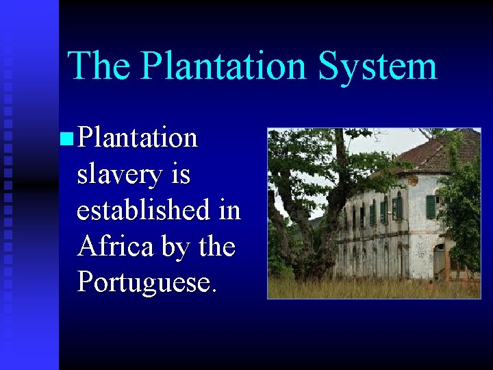 The Plantation System n Plantation slavery is established in Africa by the Portuguese. 