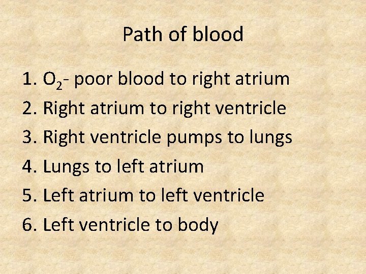 Path of blood 1. O 2 - poor blood to right atrium 2. Right