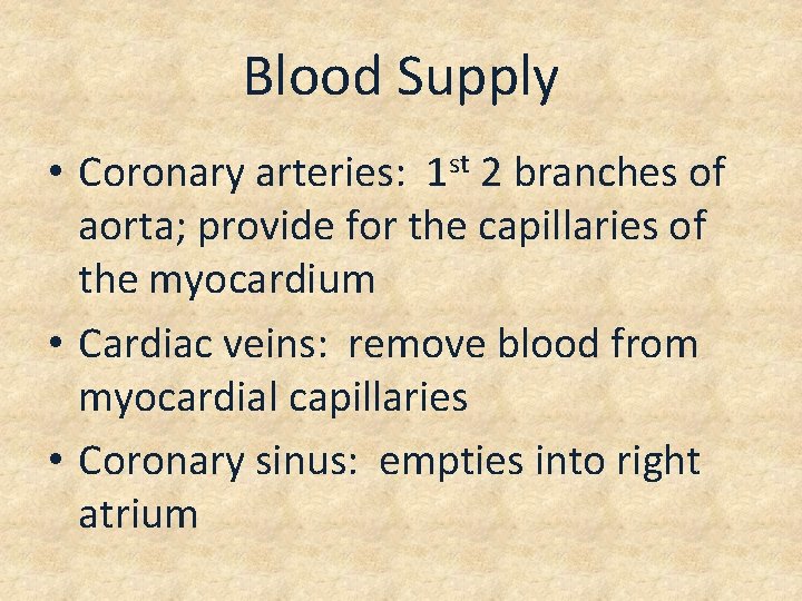 Blood Supply • Coronary arteries: 1 st 2 branches of aorta; provide for the