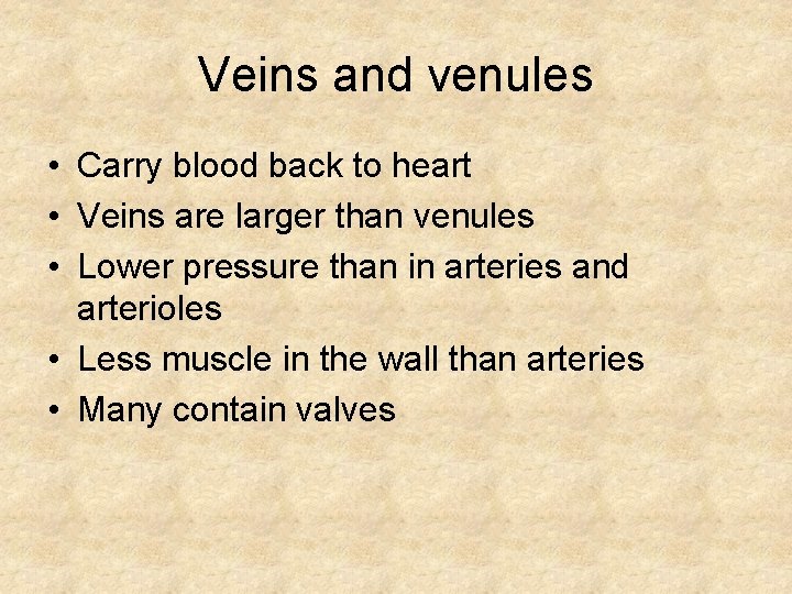 Veins and venules • Carry blood back to heart • Veins are larger than