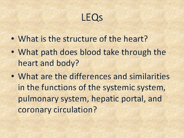 LEQs • What is the structure of the heart? • What path does blood