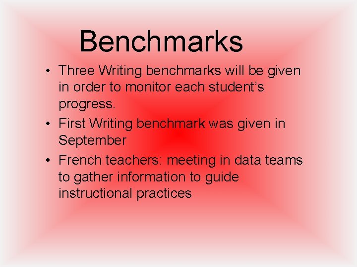 Benchmarks • Three Writing benchmarks will be given in order to monitor each student’s