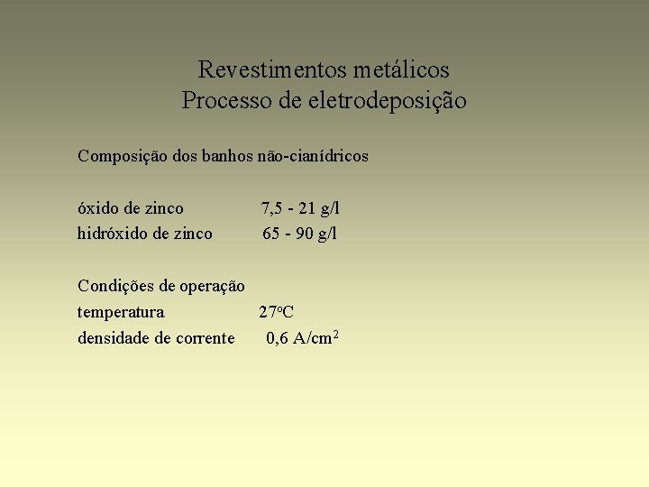 Revestimentos metálicos Processo de eletrodeposição Composição dos banhos não-cianídricos óxido de zinco hidróxido de
