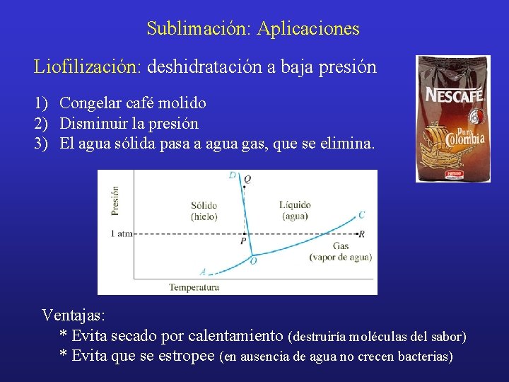 Sublimación: Aplicaciones Liofilización: deshidratación a baja presión 1) Congelar café molido 2) Disminuir la