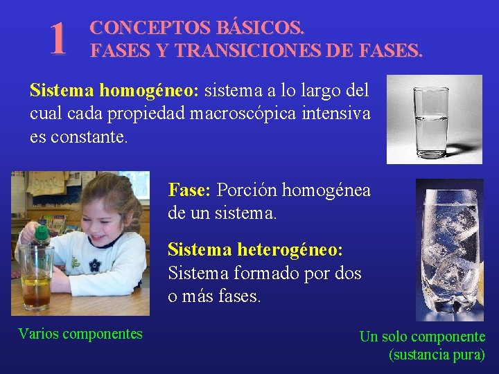 1 CONCEPTOS BÁSICOS. FASES Y TRANSICIONES DE FASES. Sistema homogéneo: sistema a lo largo