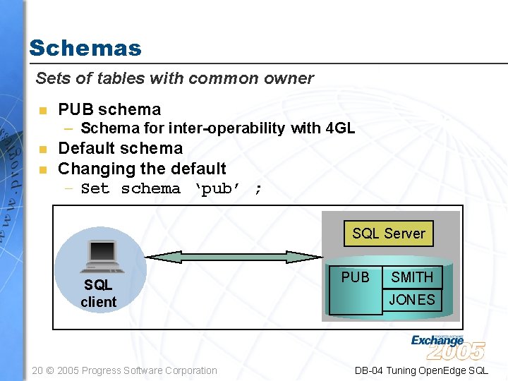 Schemas Sets of tables with common owner n PUB schema – Schema for inter-operability