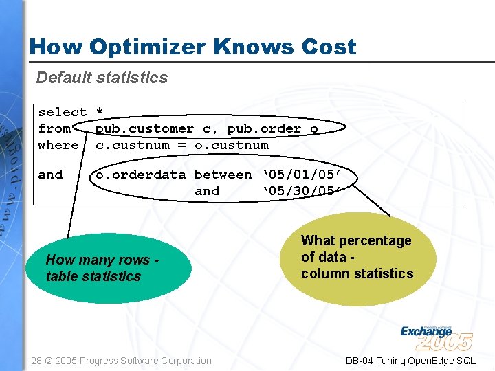 How Optimizer Knows Cost Default statistics select * from pub. customer c, pub. order