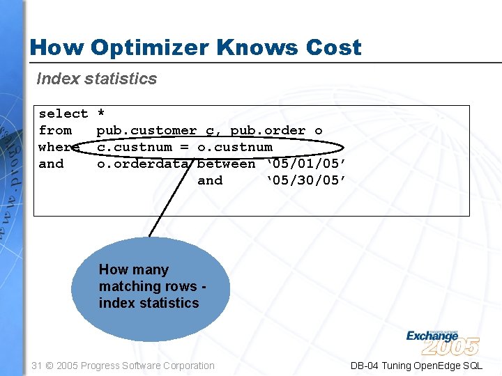 How Optimizer Knows Cost Index statistics select * from pub. customer c, pub. order