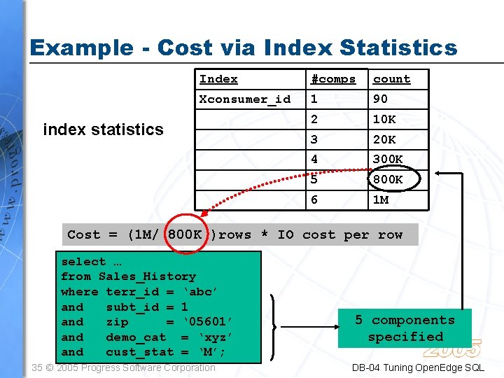 Example - Cost via Index Statistics Index #comps count Xconsumer_id 1 90 2 10