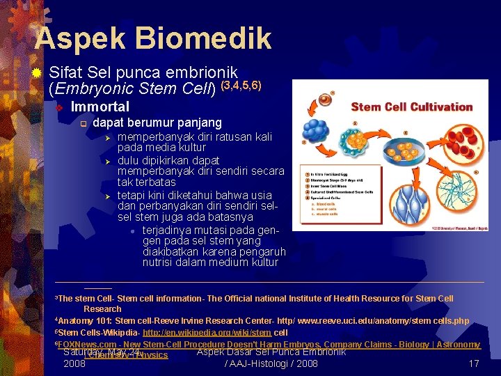 Aspek Biomedik ® Sifat Sel punca embrionik (Embryonic Stem Cell) (3, 4, 5, 6)